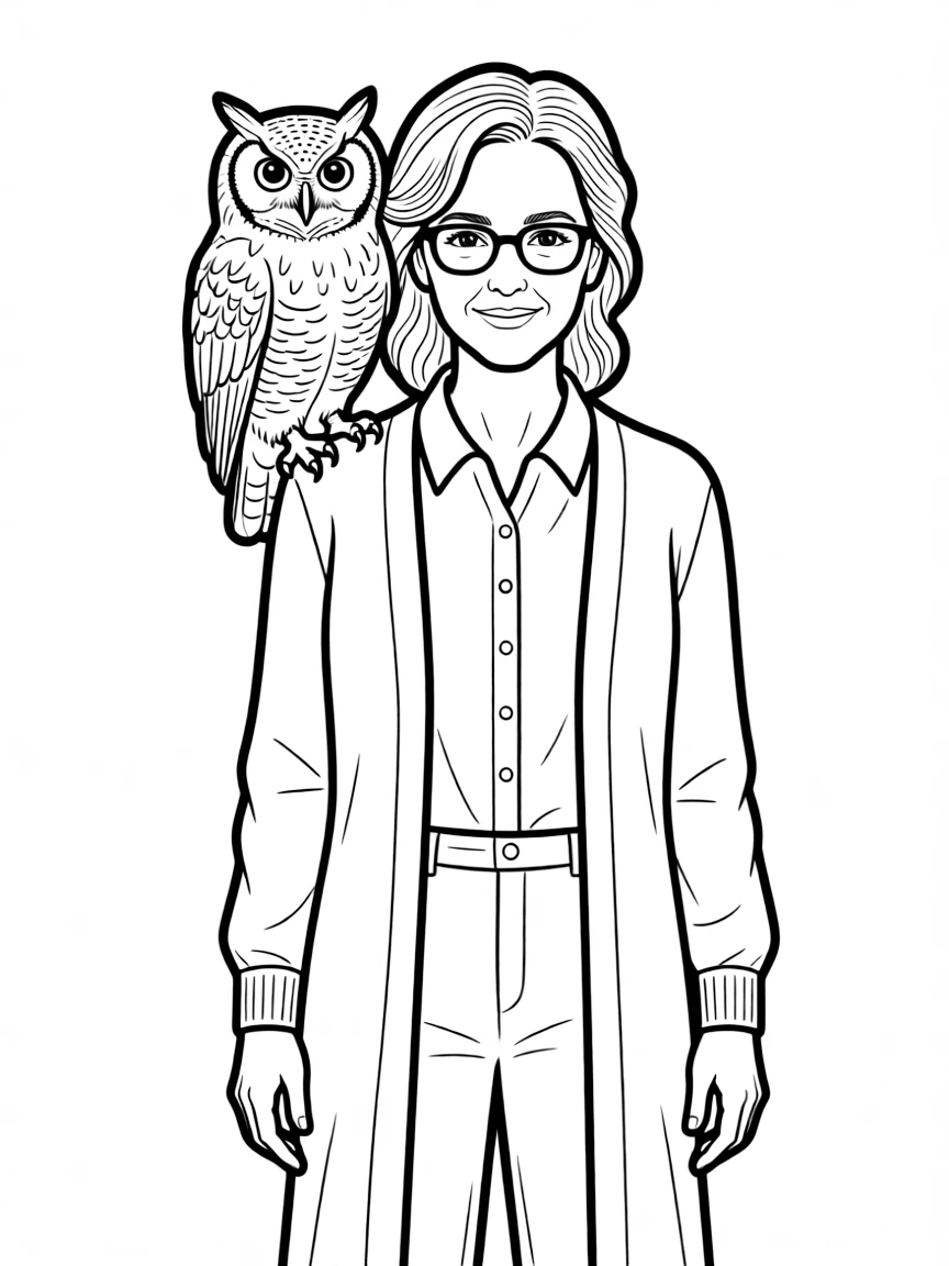 J.K. Rowling with an owl on her shoulder