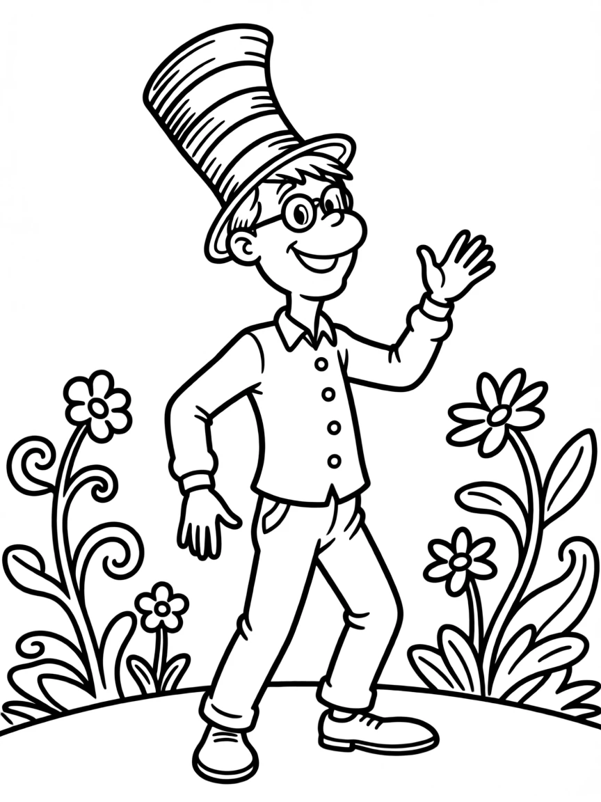 Dr. Seuss (classic drawing style) with a tall, striped hat
