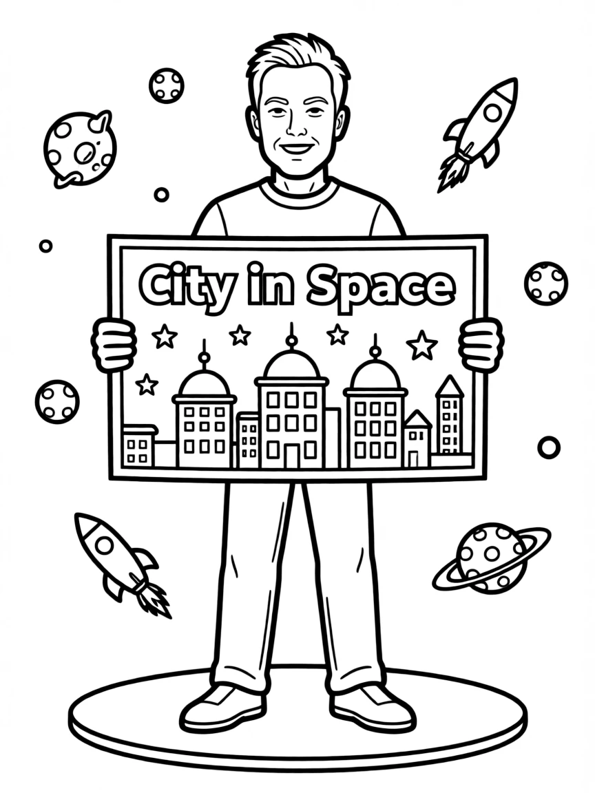 Elon Musk with a blueprint for a city in space