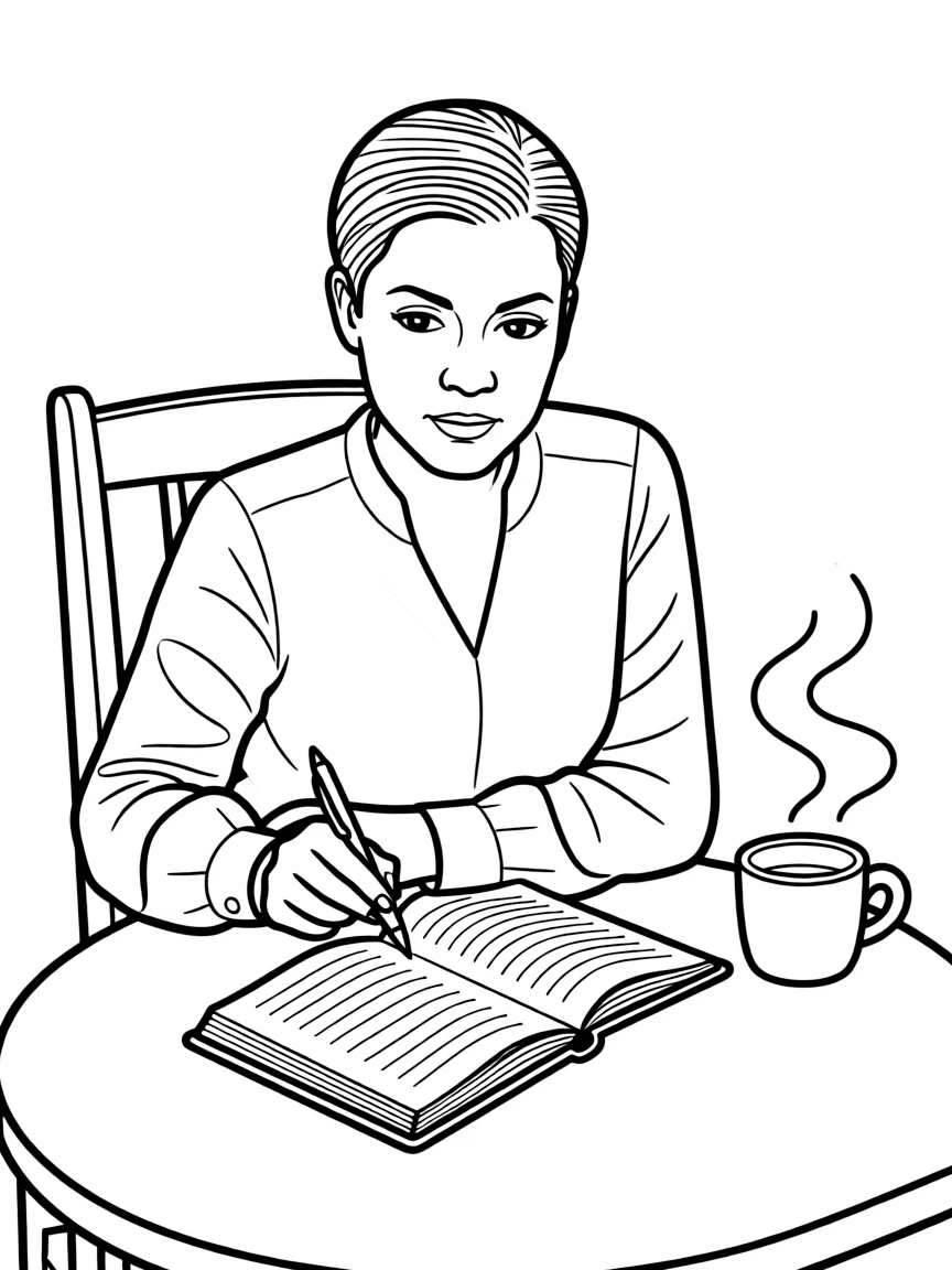 Shonda Rhimes with a pen and notebook, brainstorming