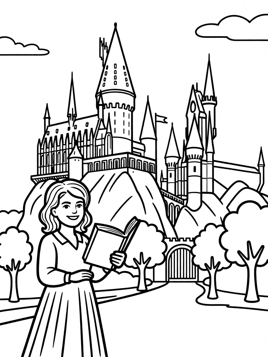 J.K. Rowling with a magic castle in the background
