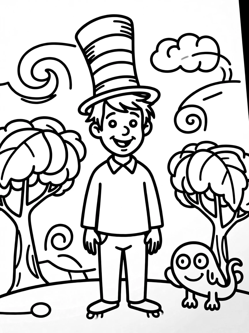 Dr. Seuss (classic drawing style) with a red and white striped hat