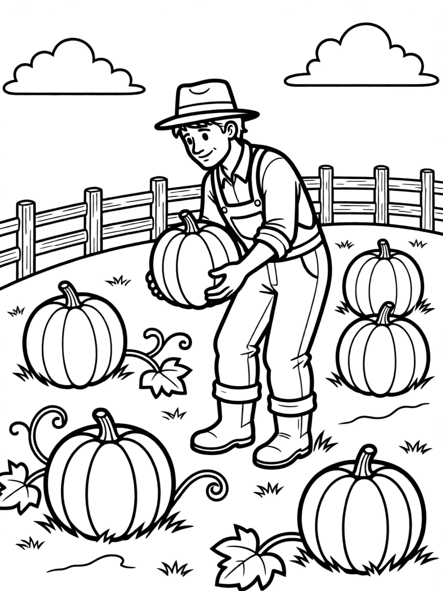 A farmer is picking pumpkins in the field