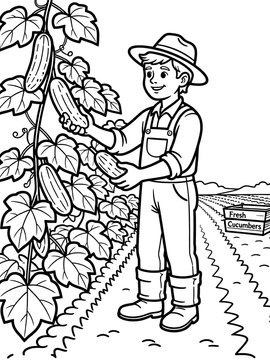 A farmer is picking cucumbers in the field