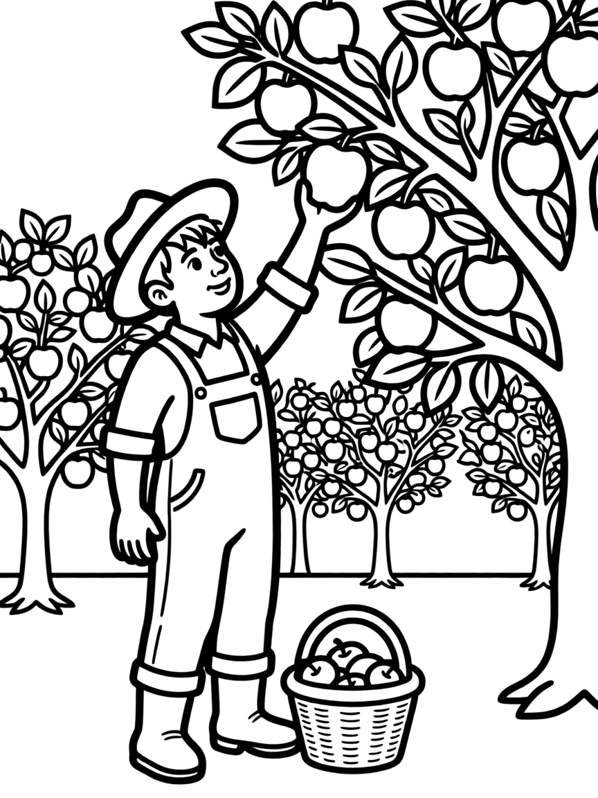 A farmer is picking apples in the field