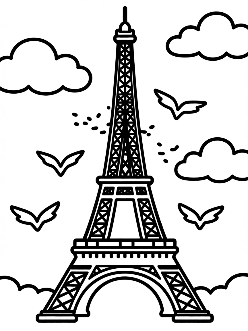 Simple Eiffel Tower outline with clouds and birds flying around