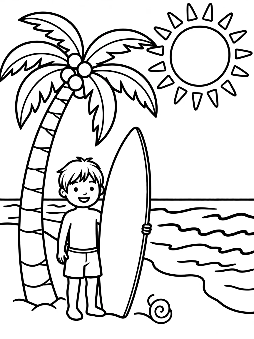 Hawaiian beach scene with palm trees, surfboard, and sun