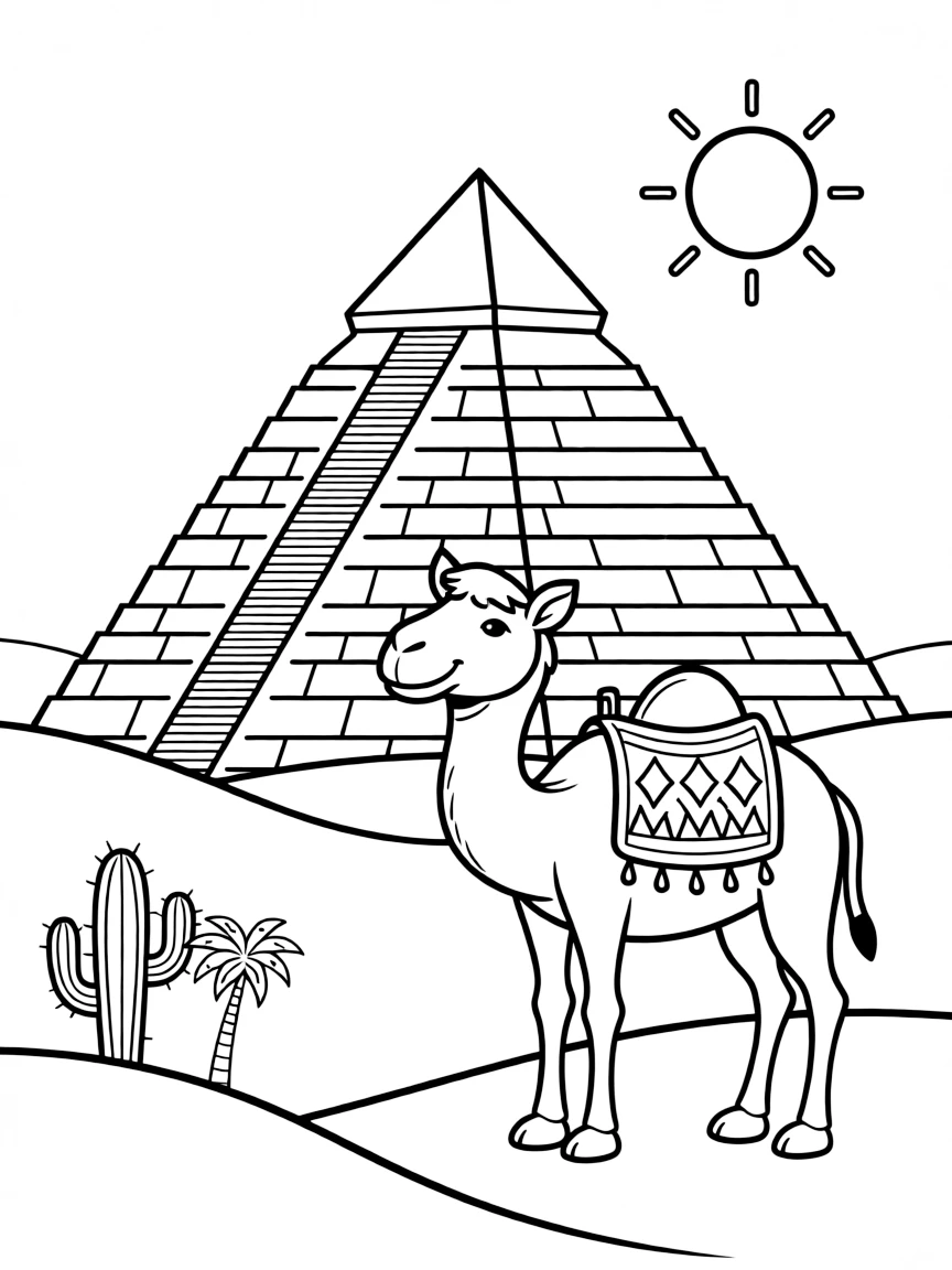 Egyptian pyramid with a camel and desert sand dunes
