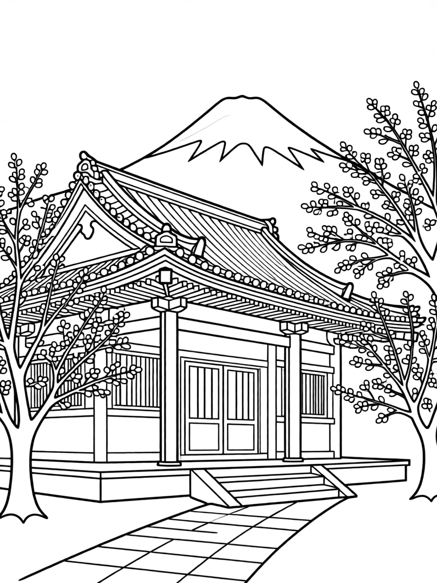 Japanese temple with cherry blossom trees and Mount Fuji in background