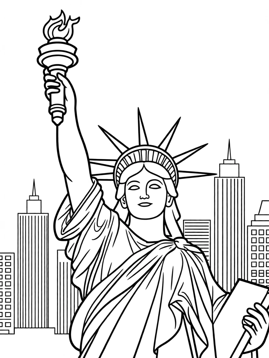 New York Statue of Liberty holding torch with city skyline