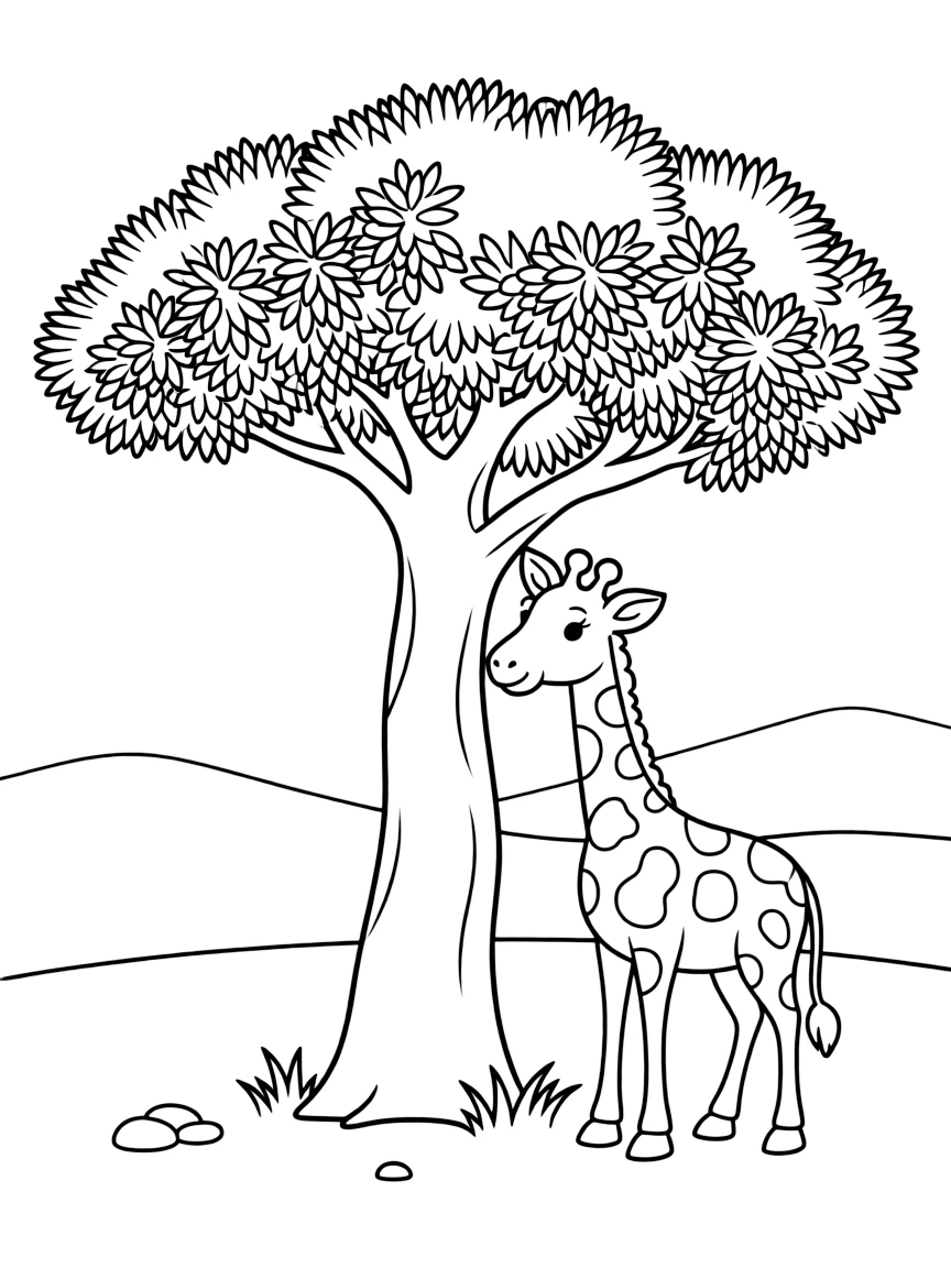 African safari scene with acacia tree and giraffe