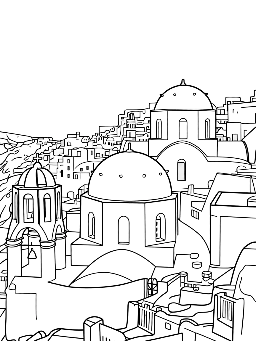 Santorini white buildings with blue domed roofs