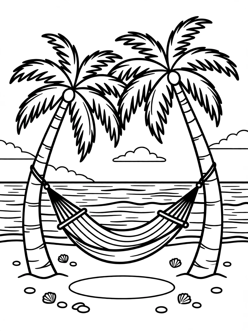 Caribbean beach hammock between two palm trees
