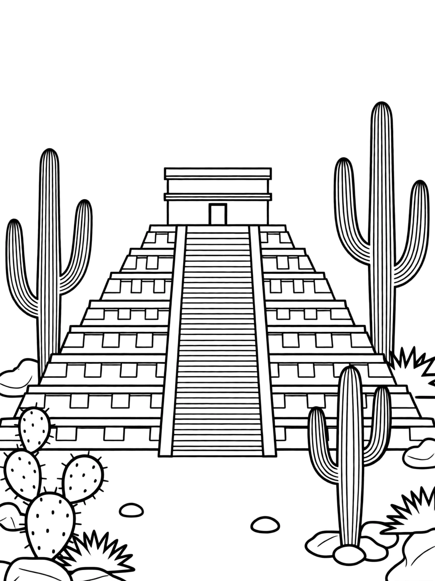 Mexican pyramid with cactus plants