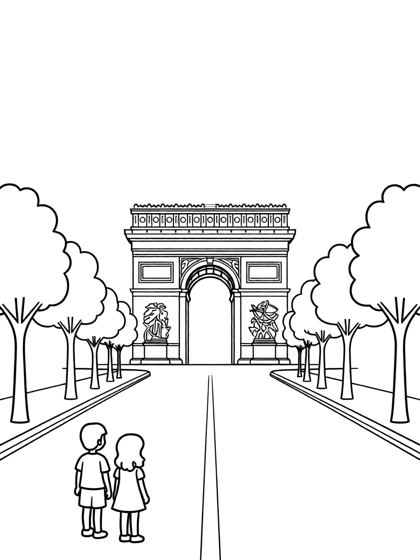 Paris Arc de Triomphe with tree-lined street