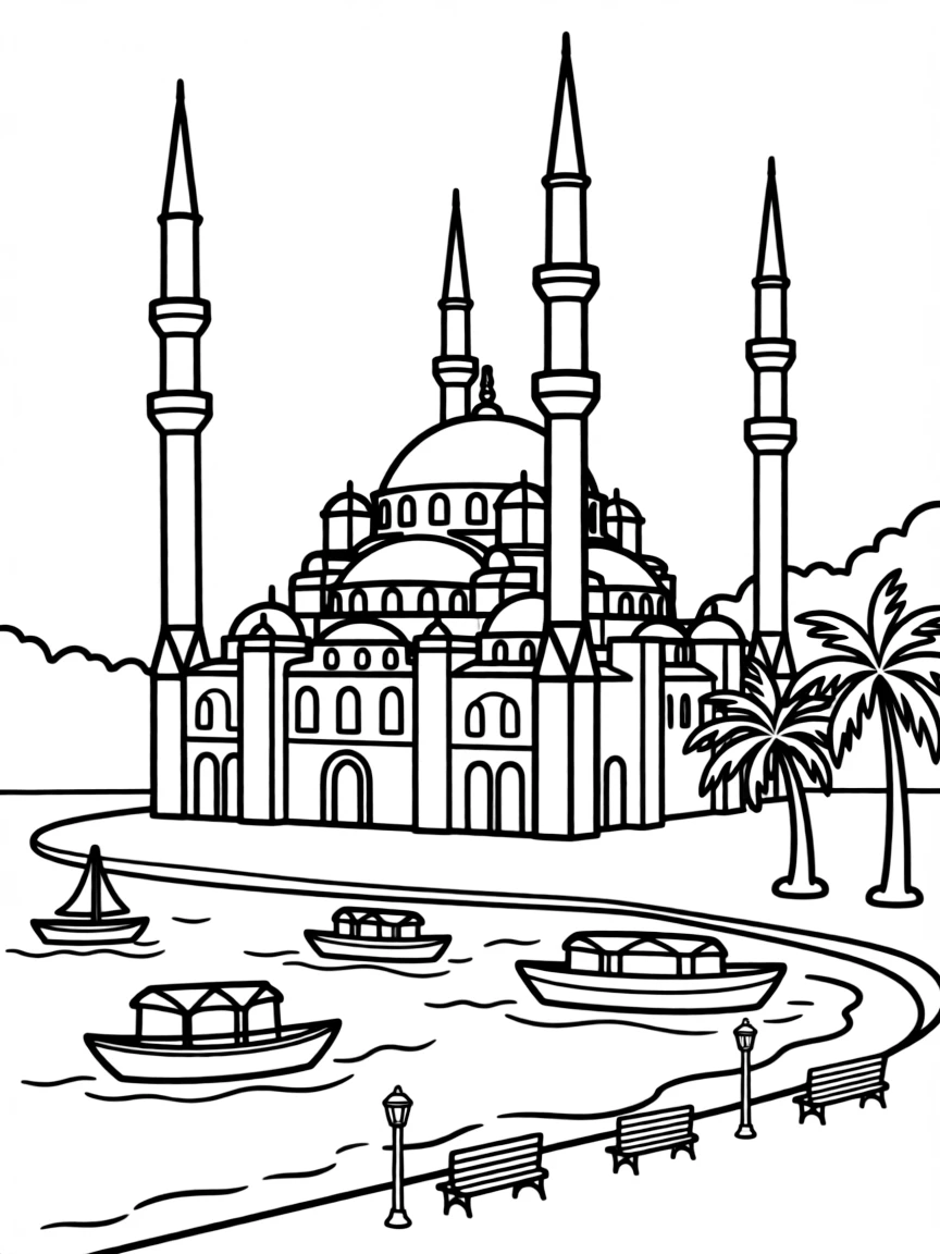 Istanbul mosque with minarets and Bosphorus