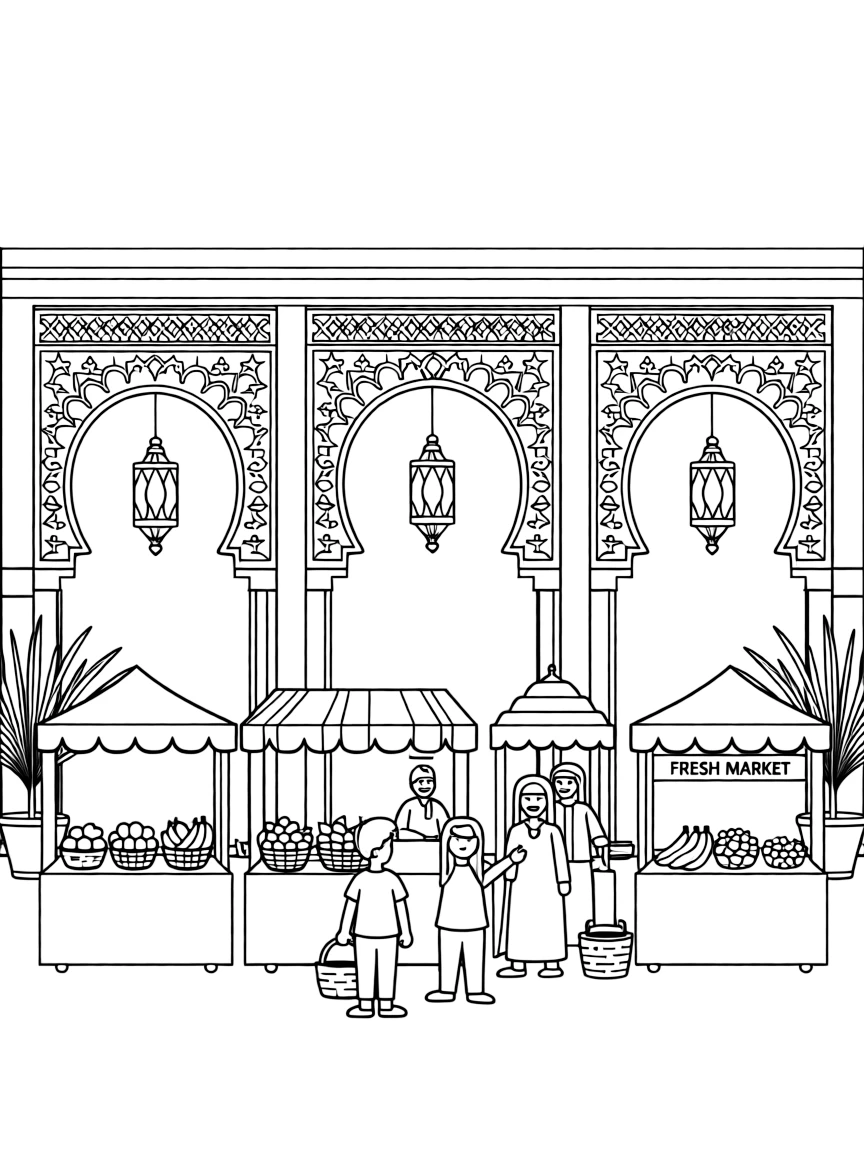 Morocco marketplace with ornate archways