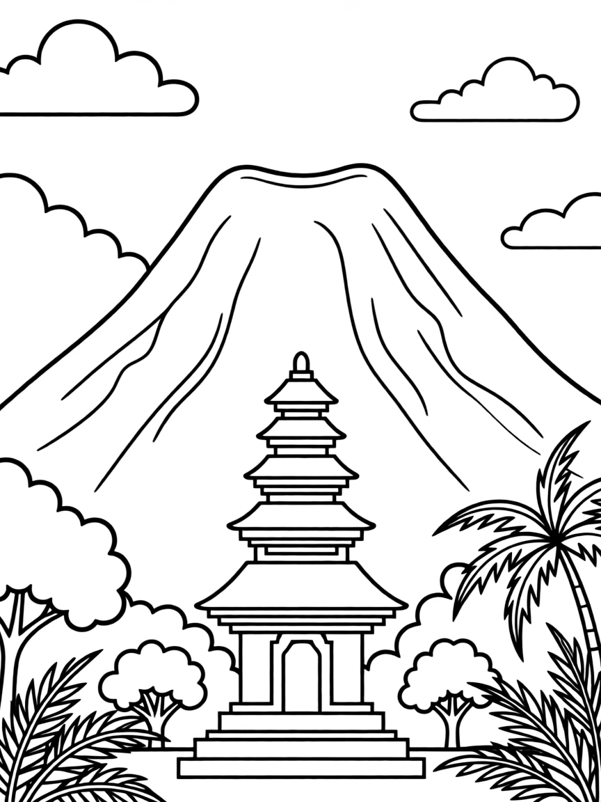 Indonesia volcano with temple silhouette