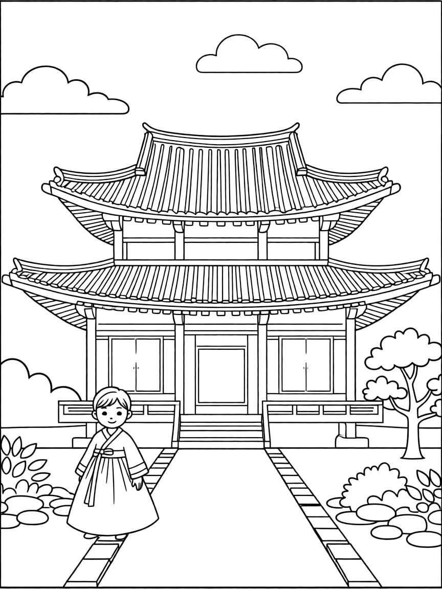 South Korea palace with curved rooflines