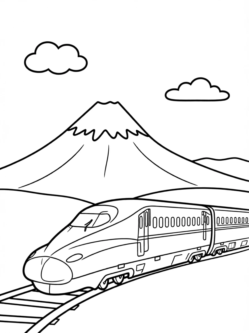 Japan bullet train speeding past Mount Fuji