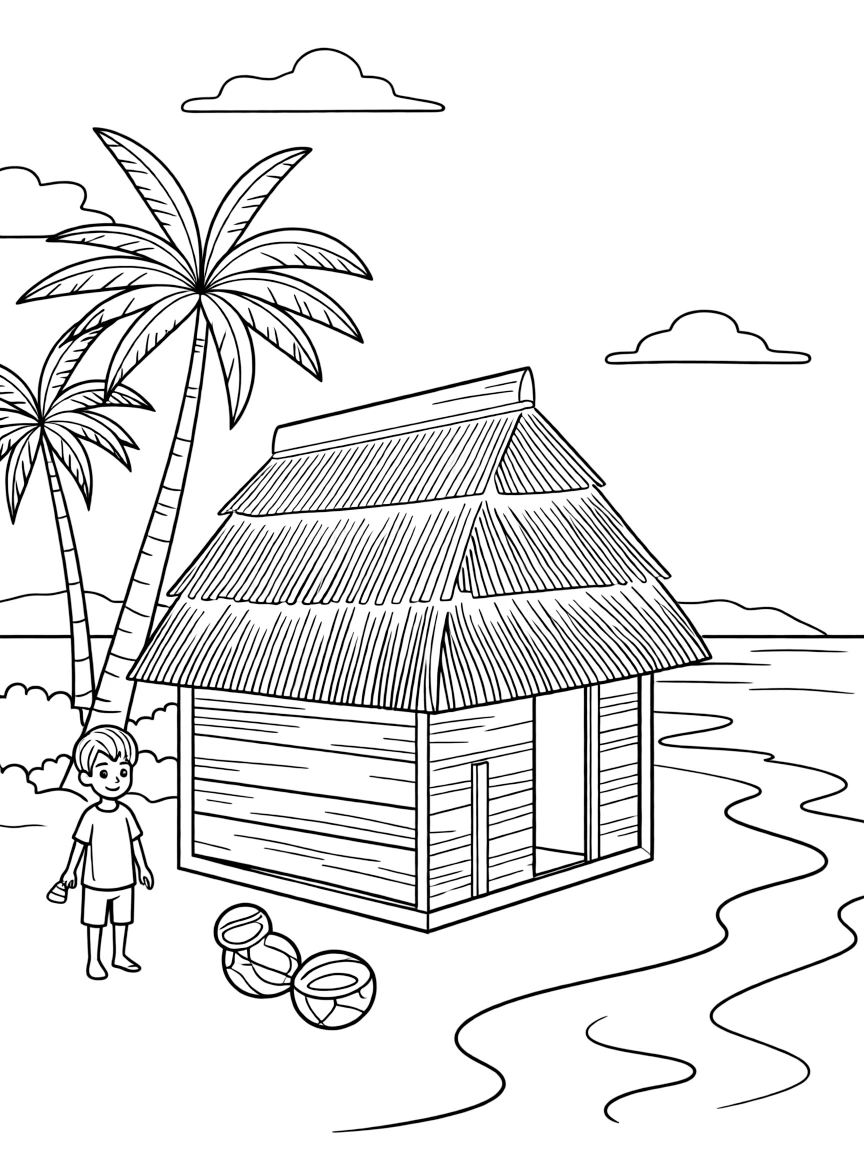 Fiji traditional bure hut on beach