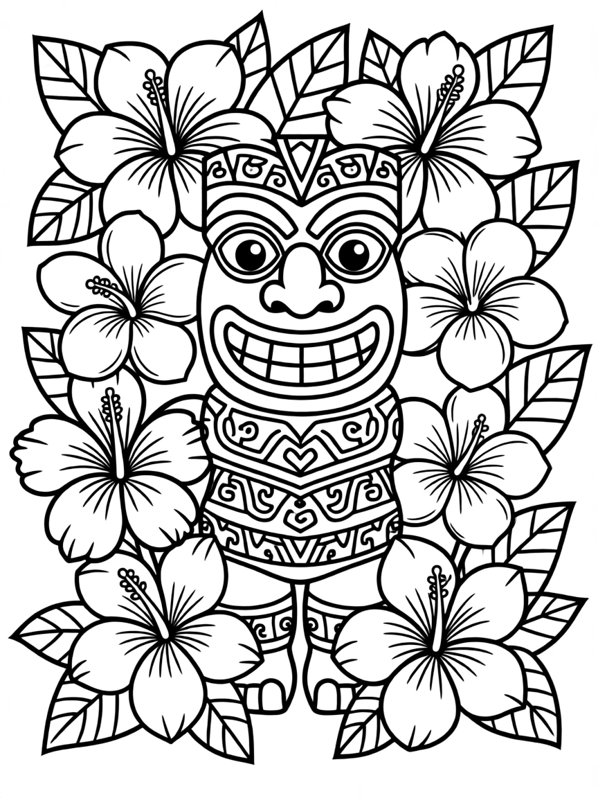 Tahiti tiki statue surrounded by flowers