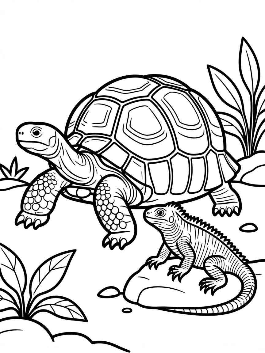 Galapagos giant tortoise with marine iguana