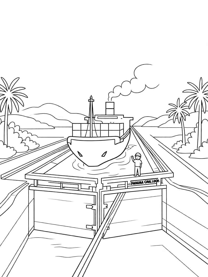 Panama canal with ship passing through