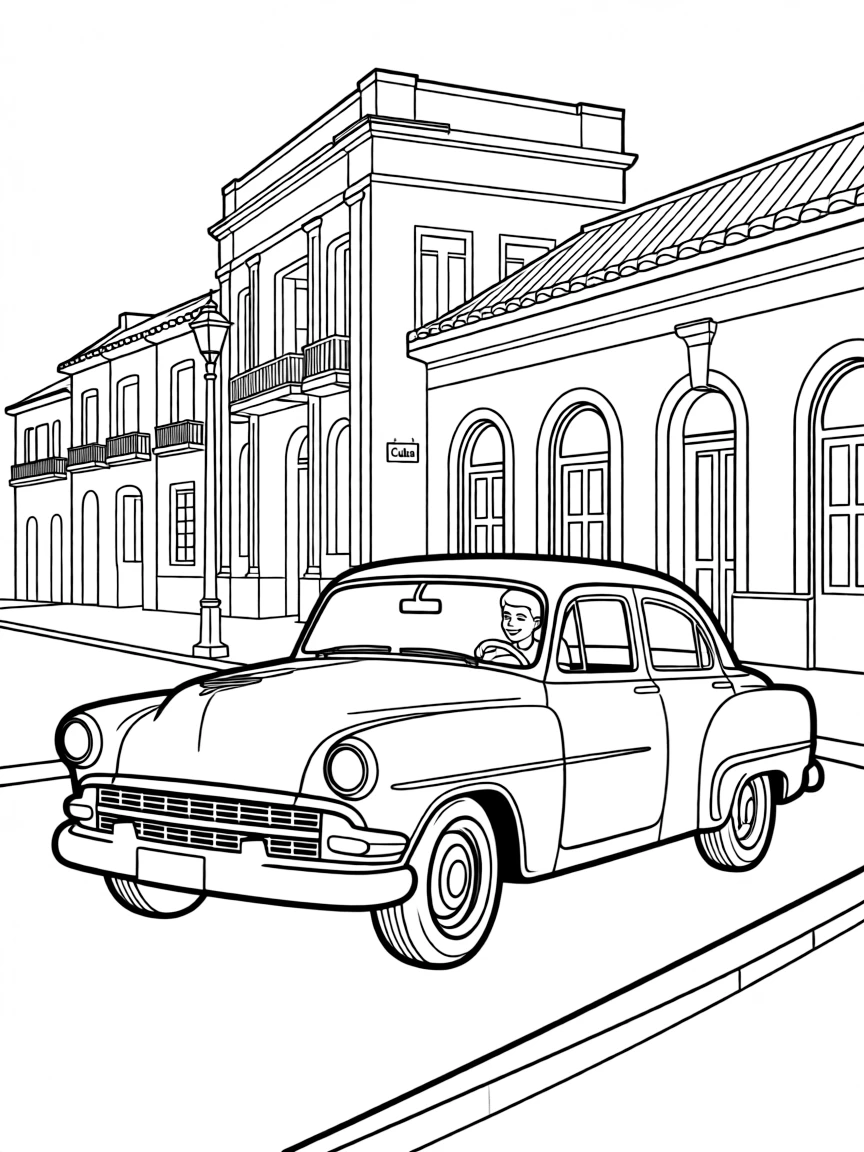 Cuba classic car driving past colonial buildings