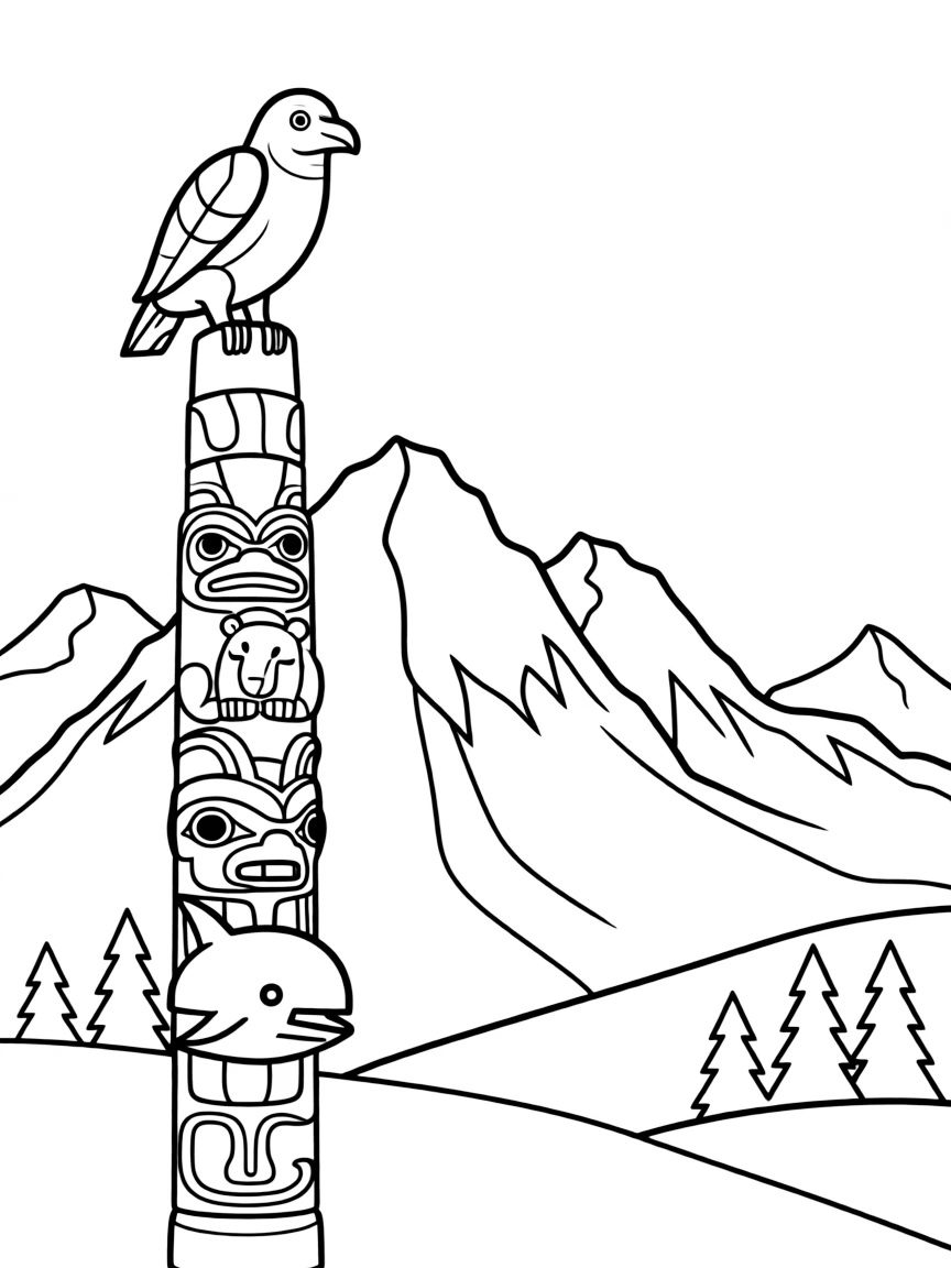 Alaska totem pole with mountain backdrop