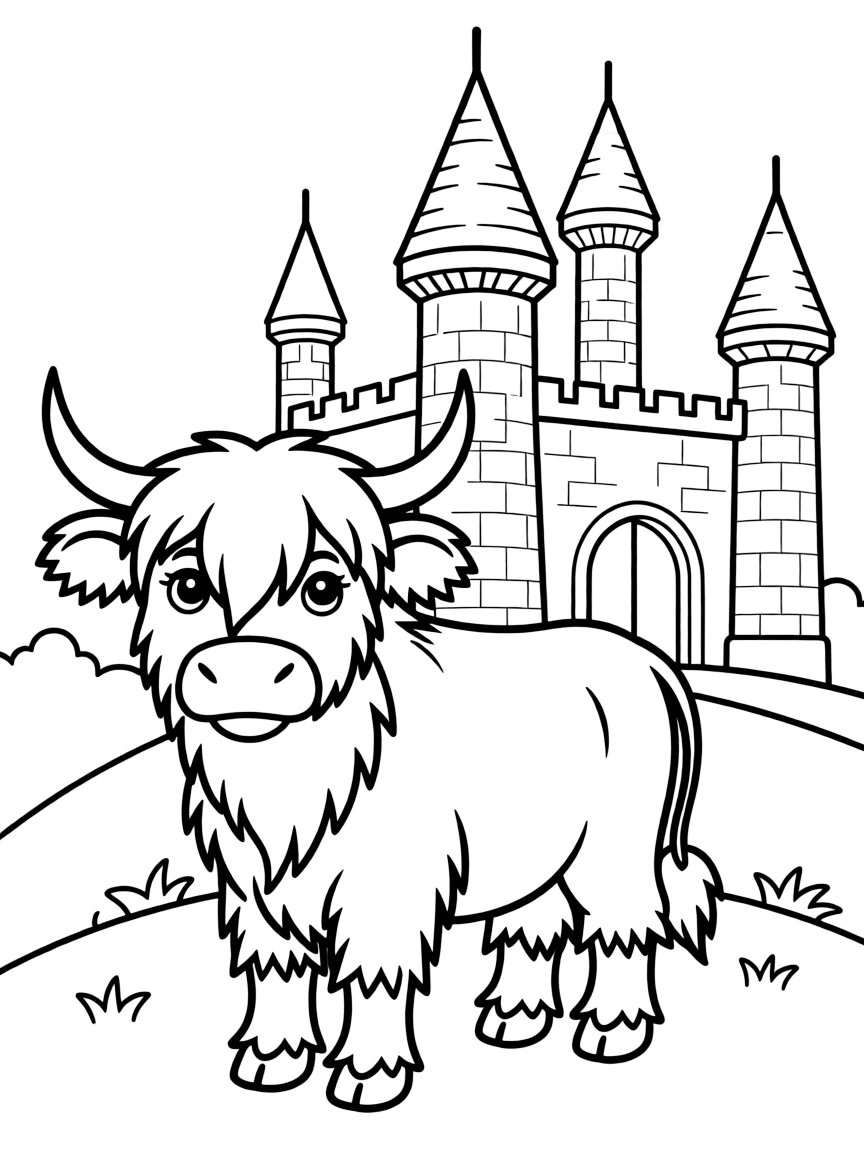Scotland Highland cow in front of castle