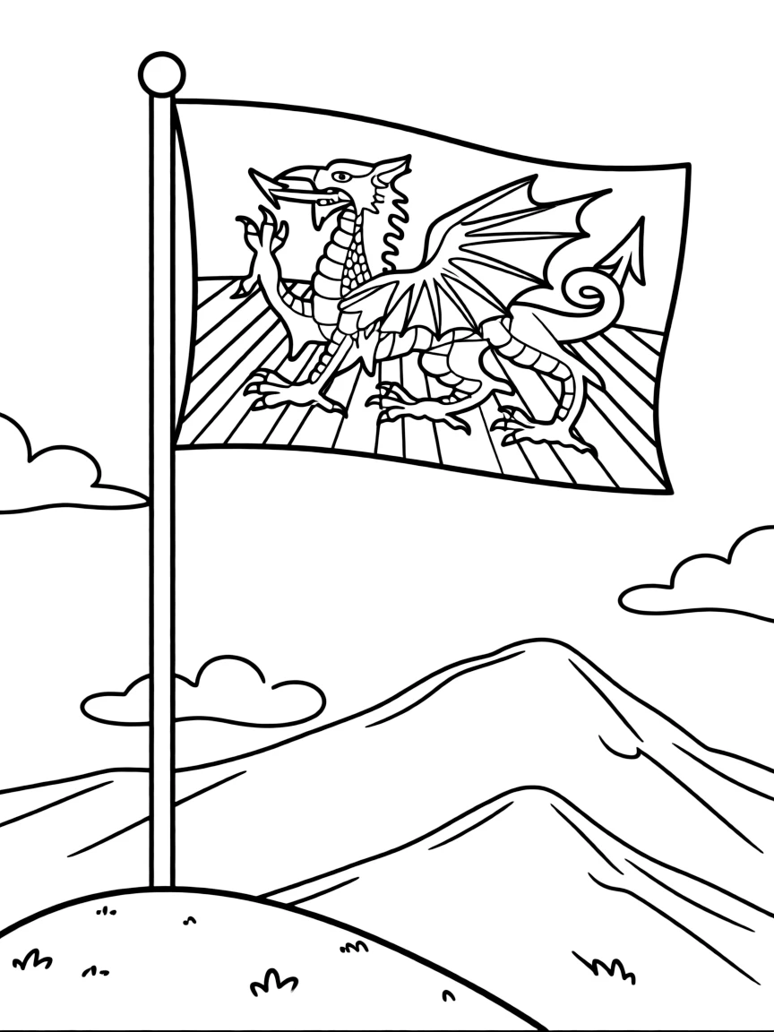 Wales dragon flag flying over mountains