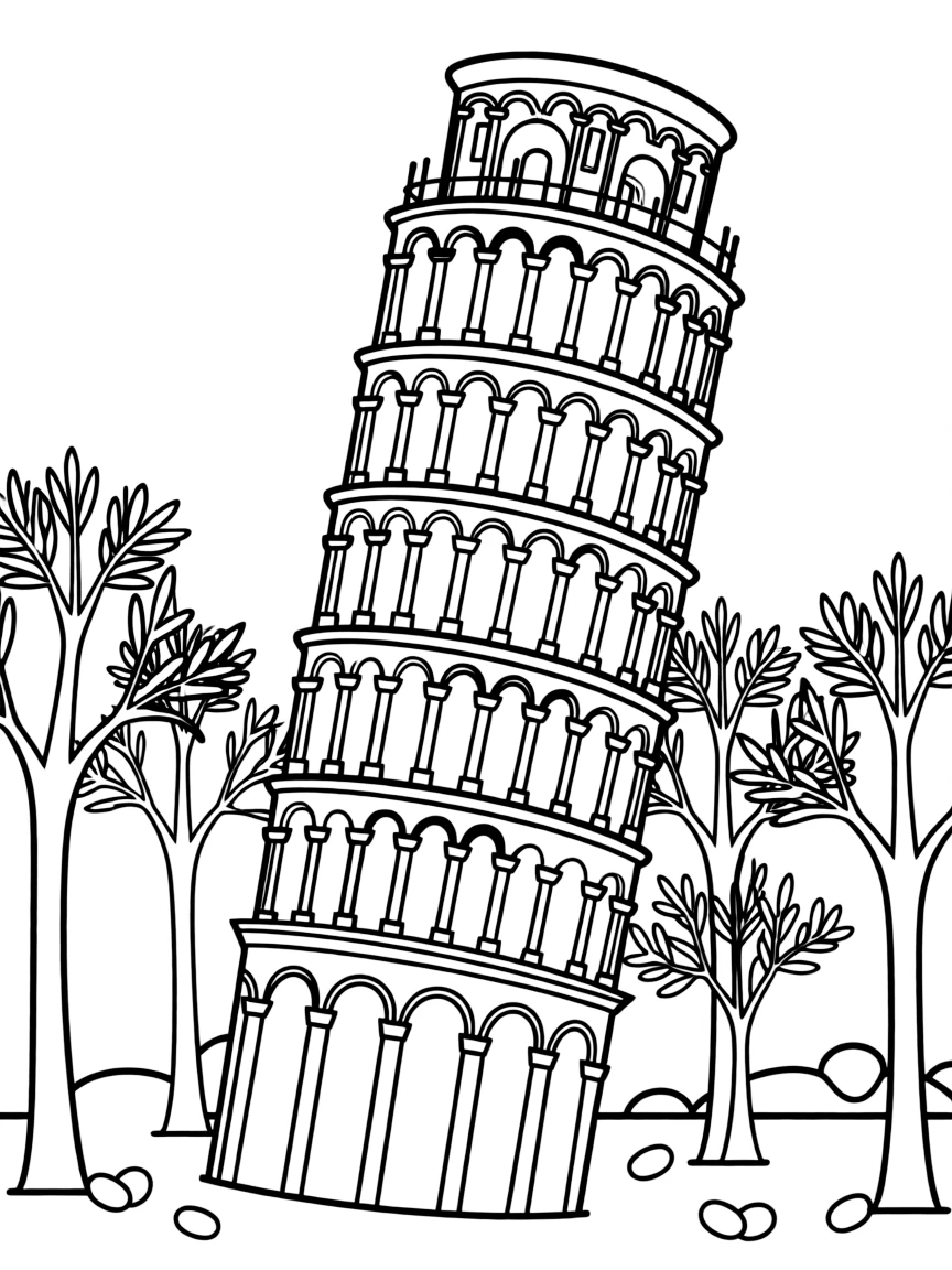 Italy leaning Tower of Pisa with olive trees
