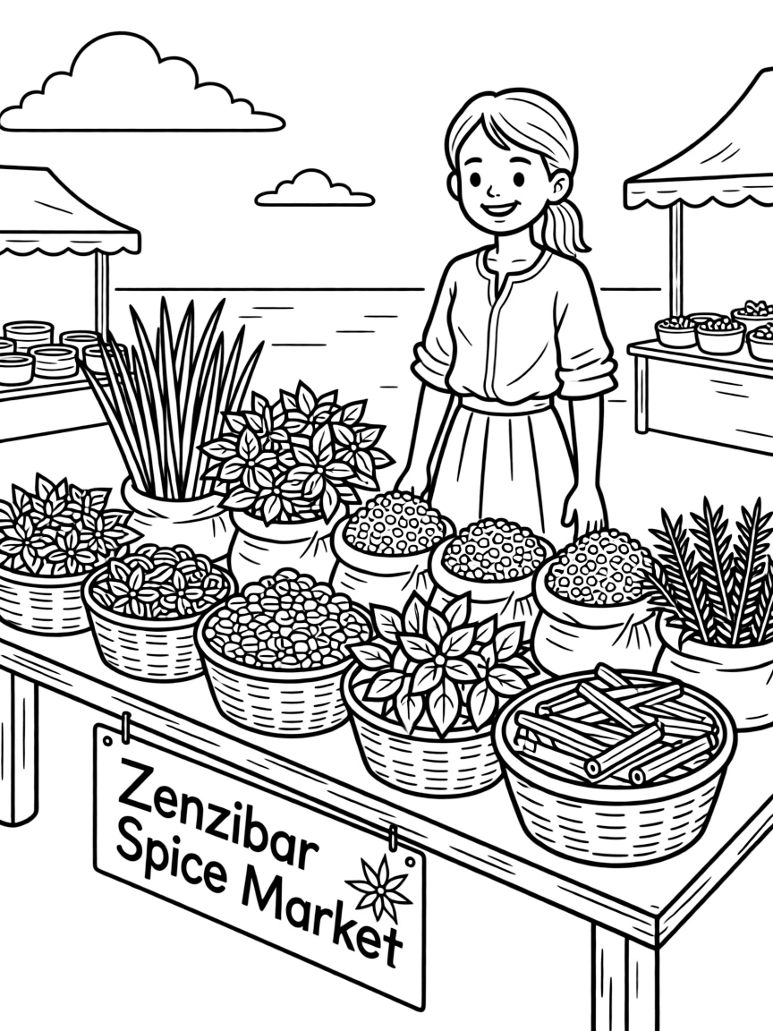 Zanzibar spice market with aromatic herbs