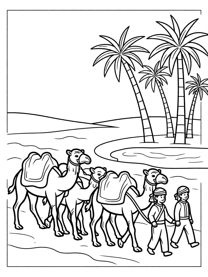 Western Sahara camel caravan at oasis