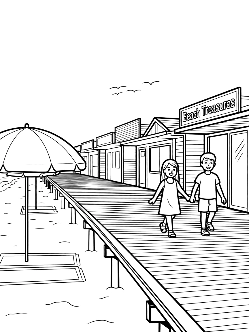 (Maryland) Ocean City boardwalk with beach umbrellas and shops