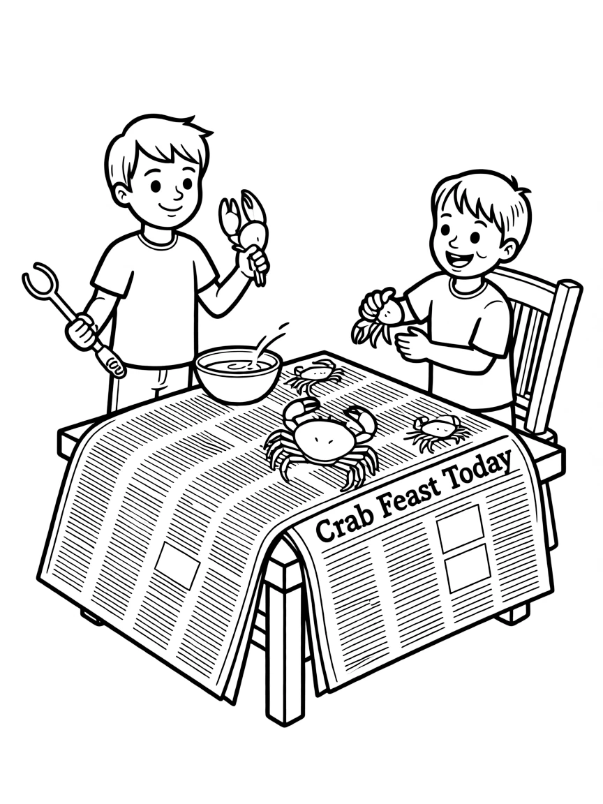 (Maryland) Crab picking scene with newspaper-covered table