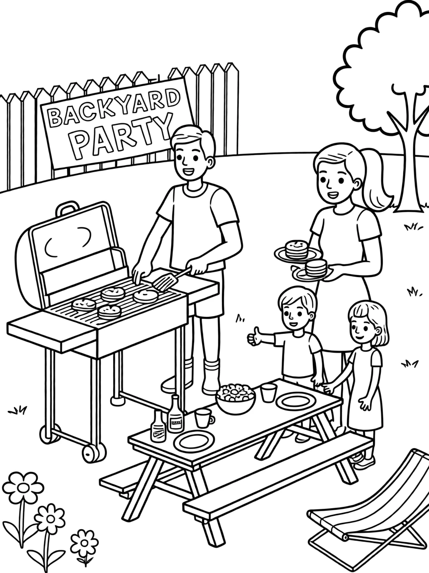 (family) Family having a backyard BBQ with dad grilling burgers