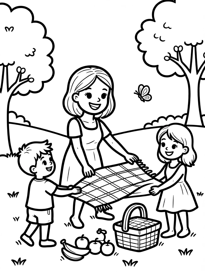 (family) Mom and kids setting up a picnic blanket in the park
