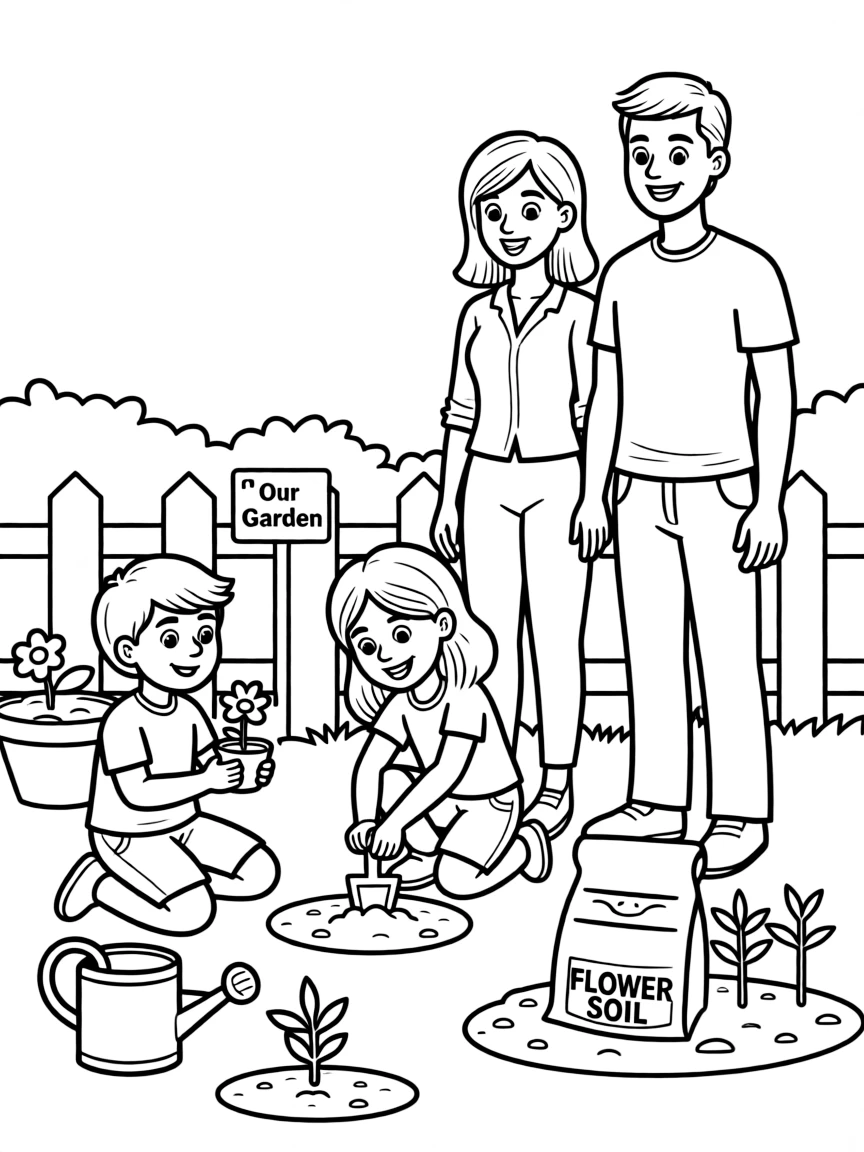 (family) Children helping parents plant flowers in the garden