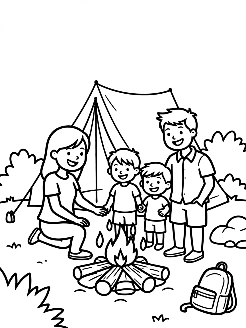 (family) Family camping with a tent and campfire