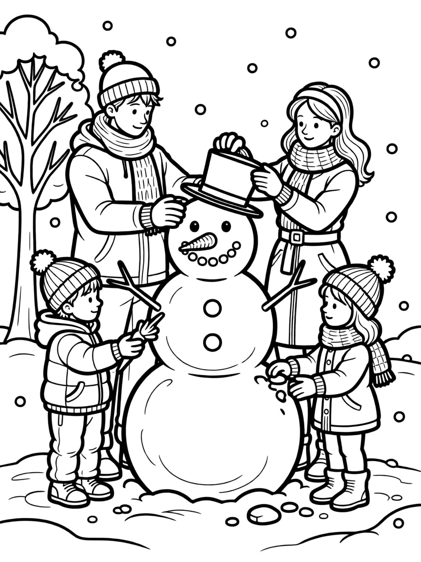 (family) Kids and parents building a snowman together