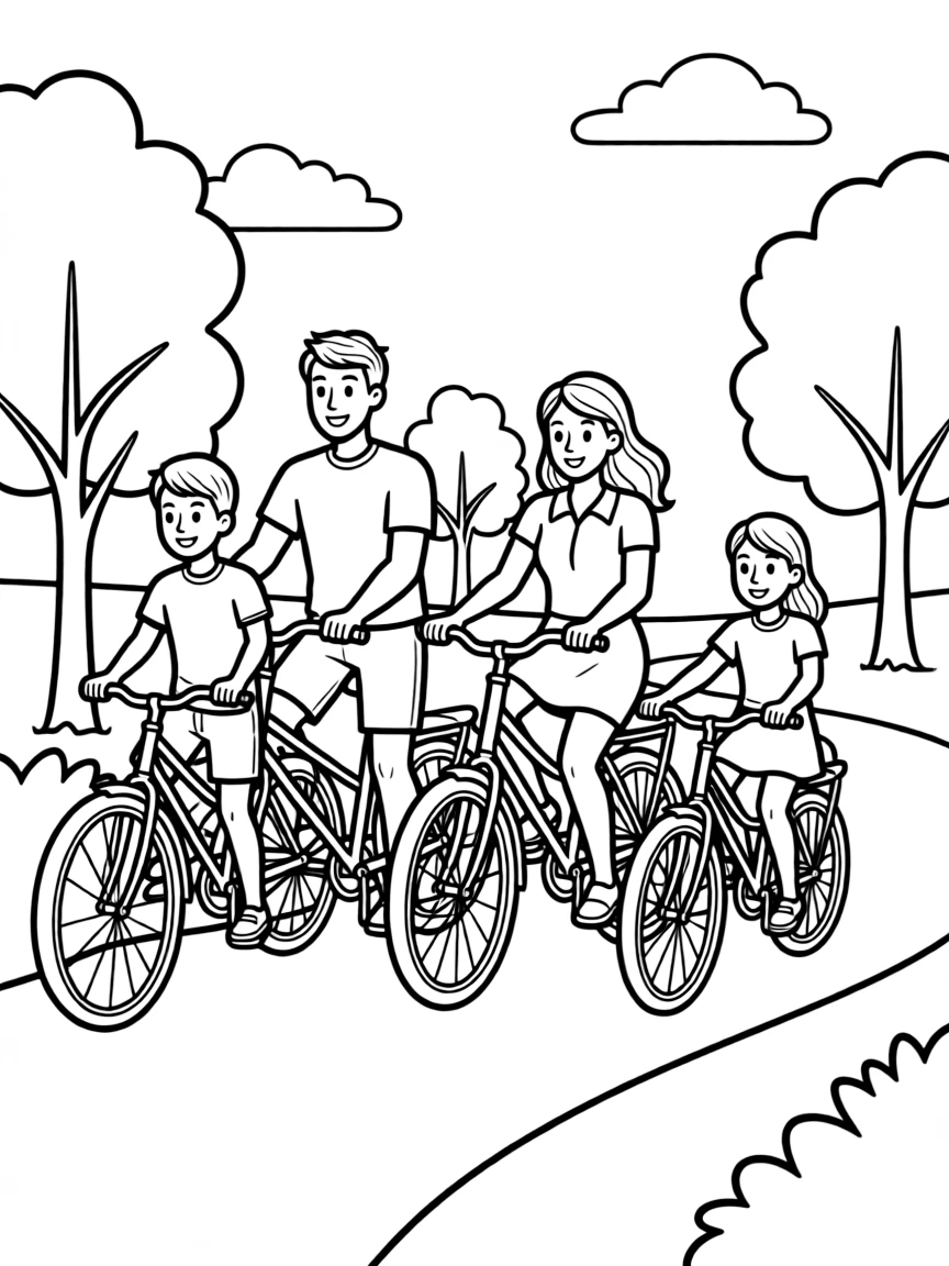 (family) Family riding bikes on a park trail