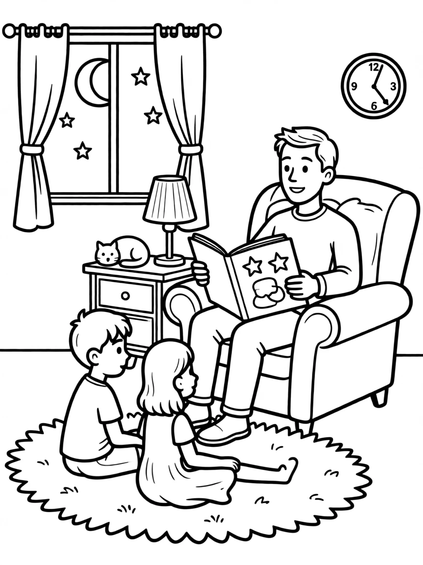 (family) Dad reading a bedtime story to kids
