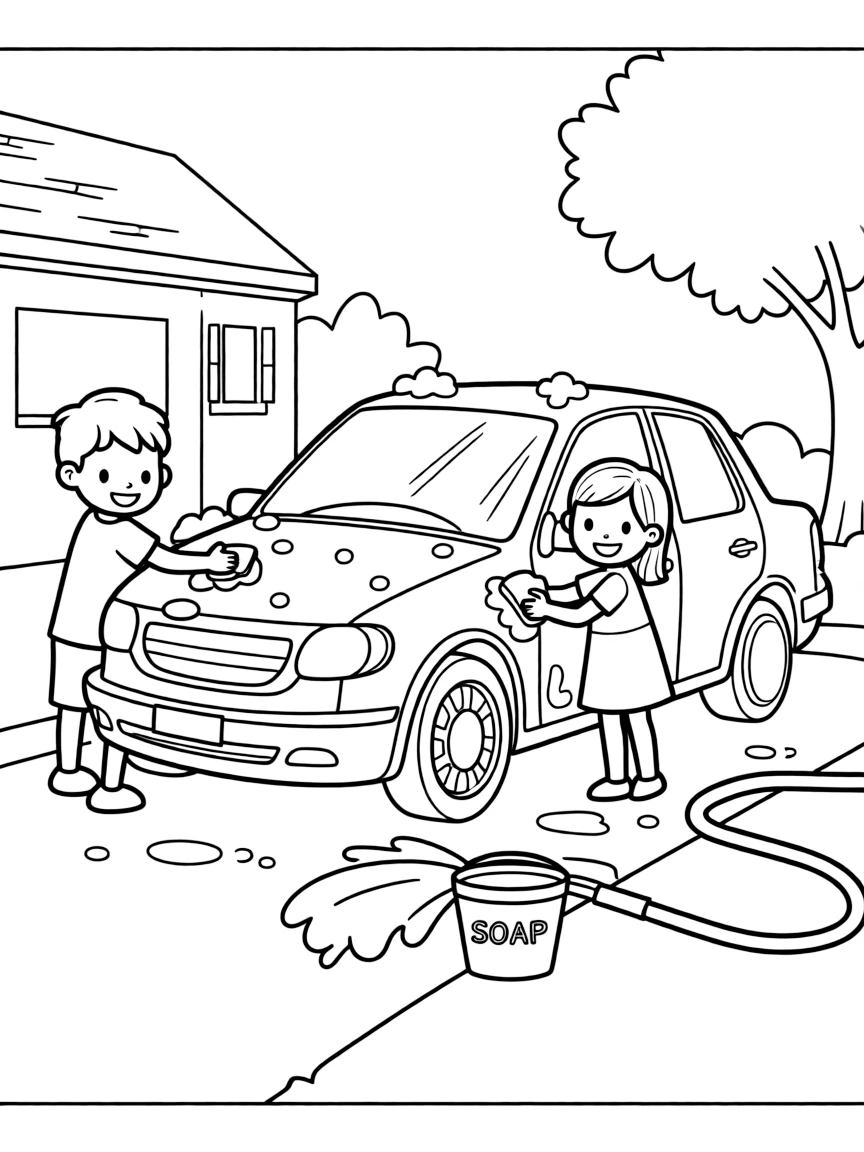 (family) Kids helping wash the family car in the driveway