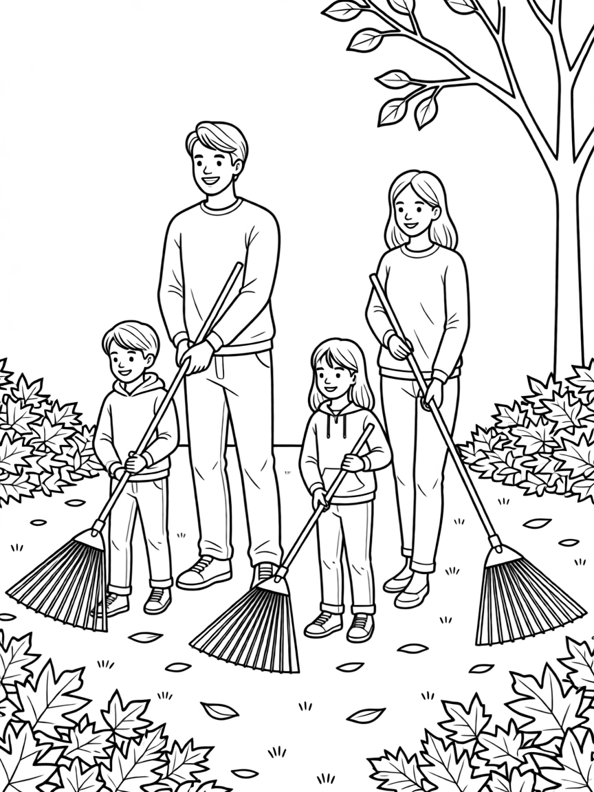 (family) Children and parents raking autumn leaves