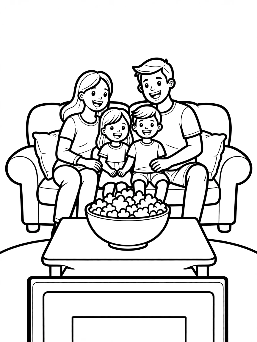 (family) Family having a movie night with popcorn on the couch