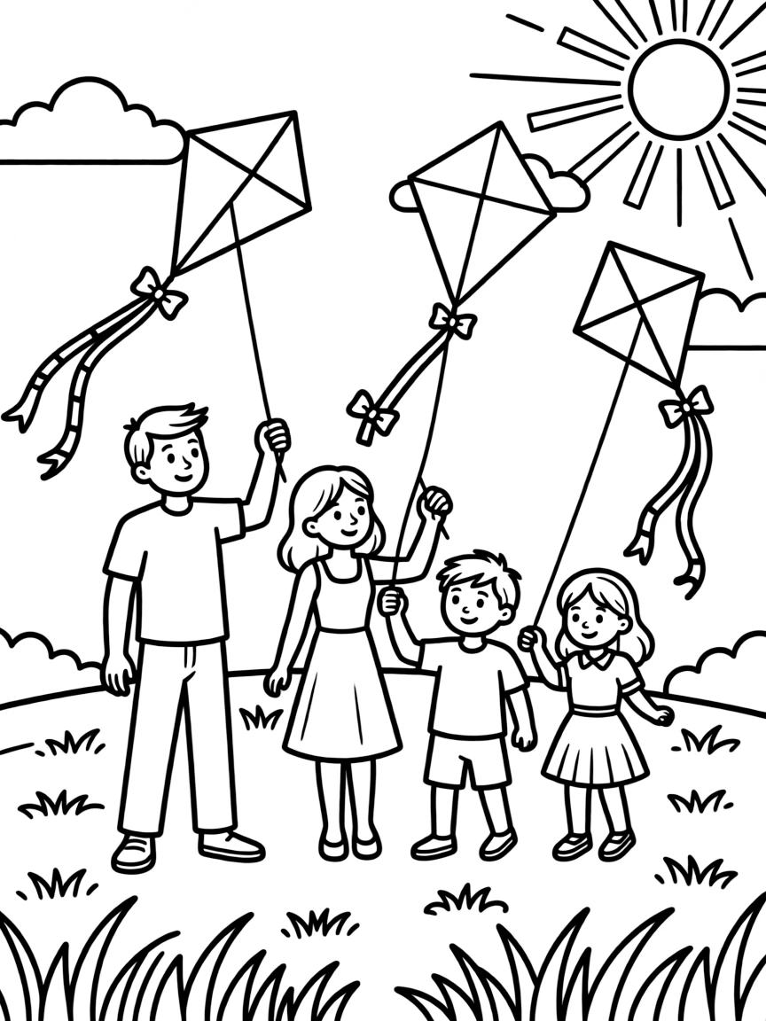 (family) Family flying kites in an open field