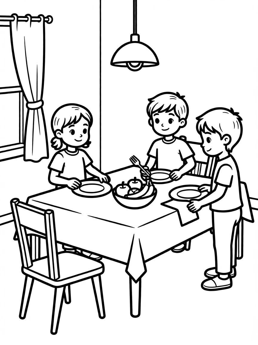 (family) Kids helping set the dinner table