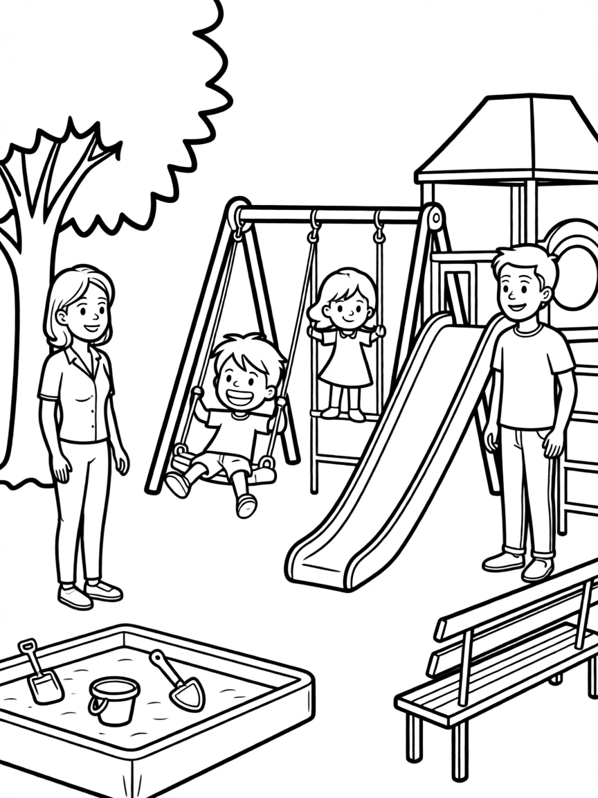 (family) Children playing on a playground with parents watching